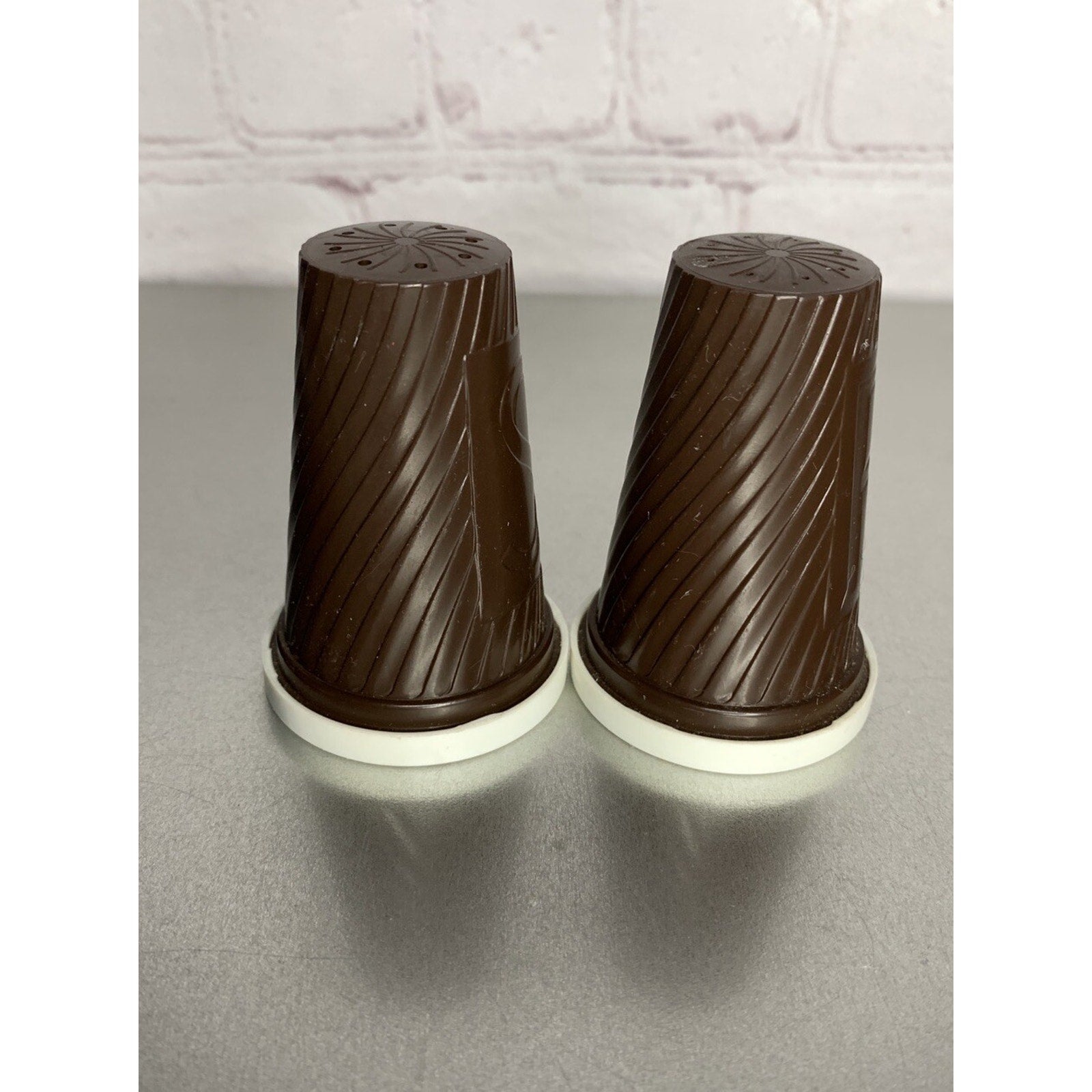 Vintage MCM Plastic Melamine Brown White Salt & Pepper Shakers