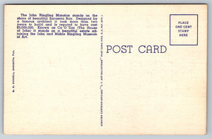 Famous John Ringling Mansion, Sarasota, Florida, USA, Vintage Post Card