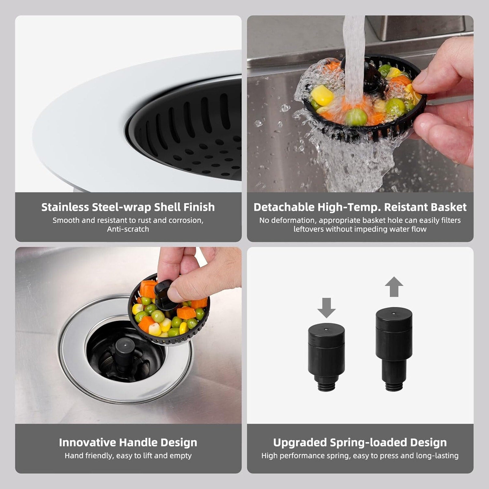 Universal 3 in 1 Kitchen Sink Drain Strainer with Sink Stopper, Chrome Stainless