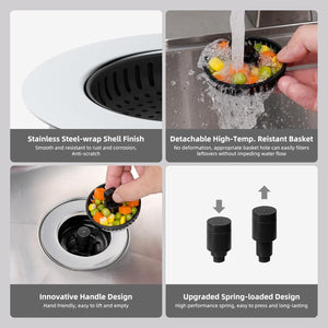 Universal 3 in 1 Kitchen Sink Drain Strainer with Sink Stopper, Chrome Stainless