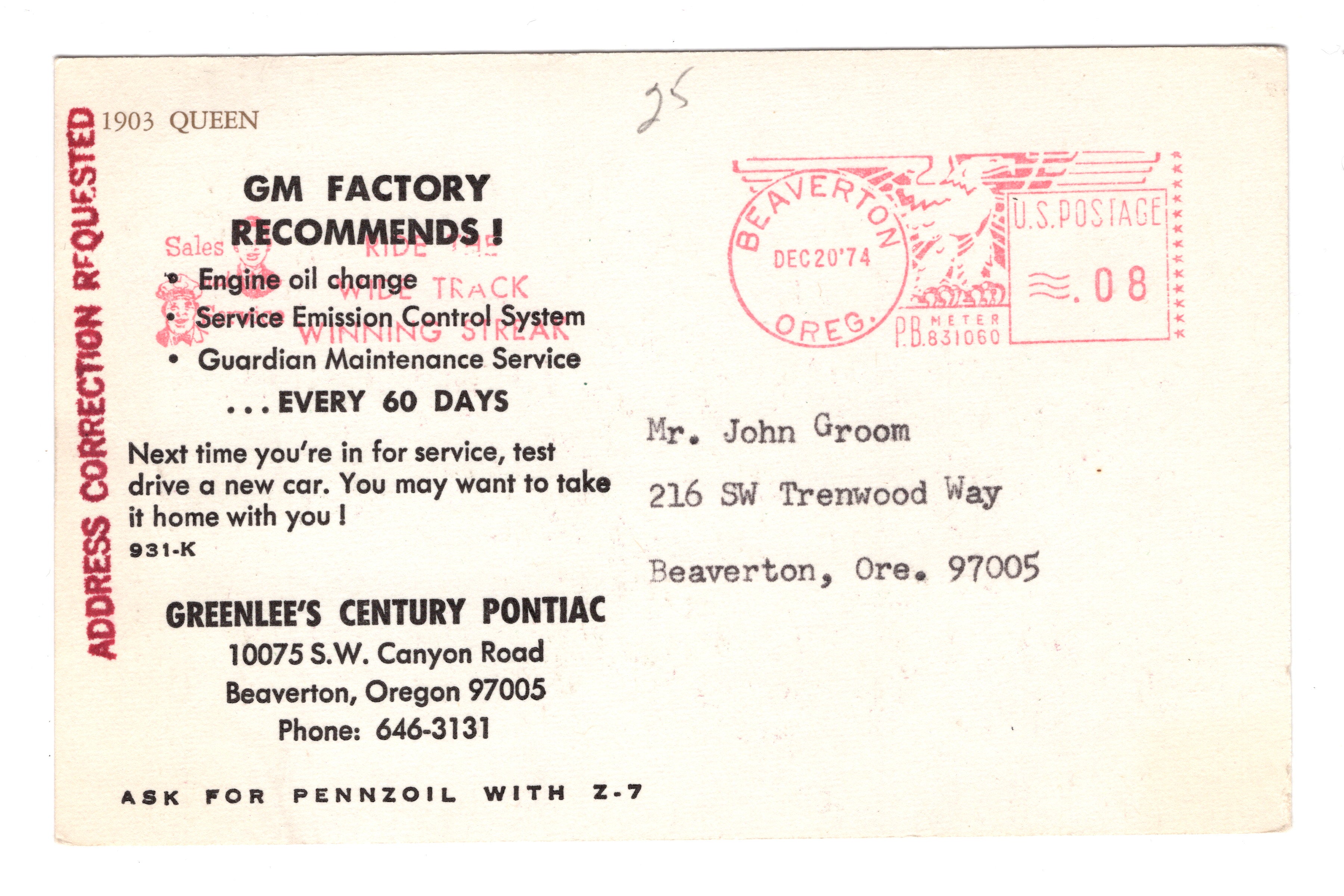 Greenlee’s Century Pontiac, Advertisement Vintage Post Card.