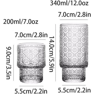 Retro Embossed Glass, Highball, Rock Glasses, Cold Beverages 8 Pack - 2 Sizes