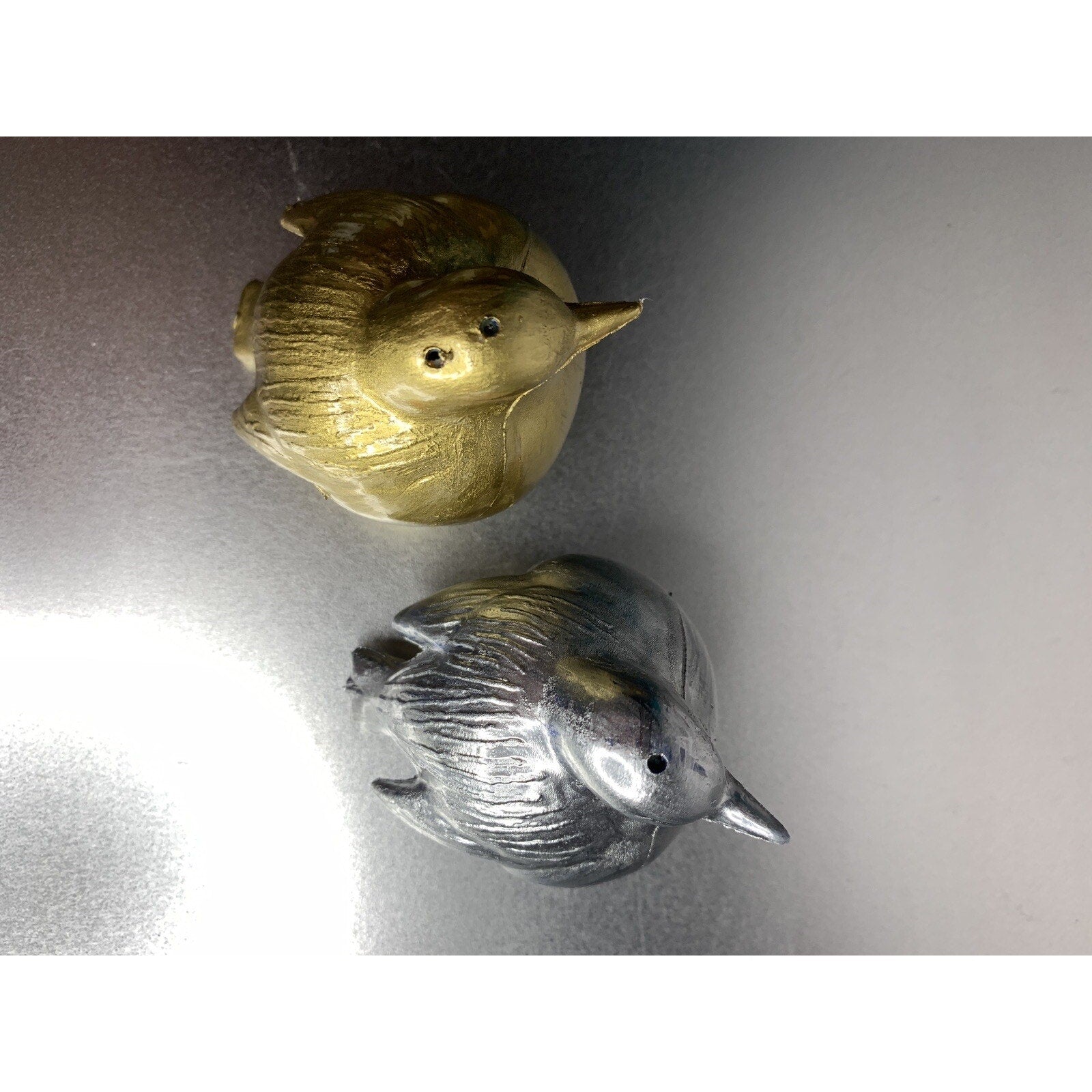 Vintage Chubby Silver Gold Blue Bird Salt & Pepper Shakers Hong Kong Plastic