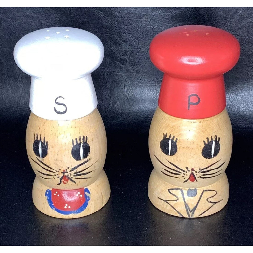 Vintage Large Wood Chef Cat Salt & Pepper Shakers Japan 1950s