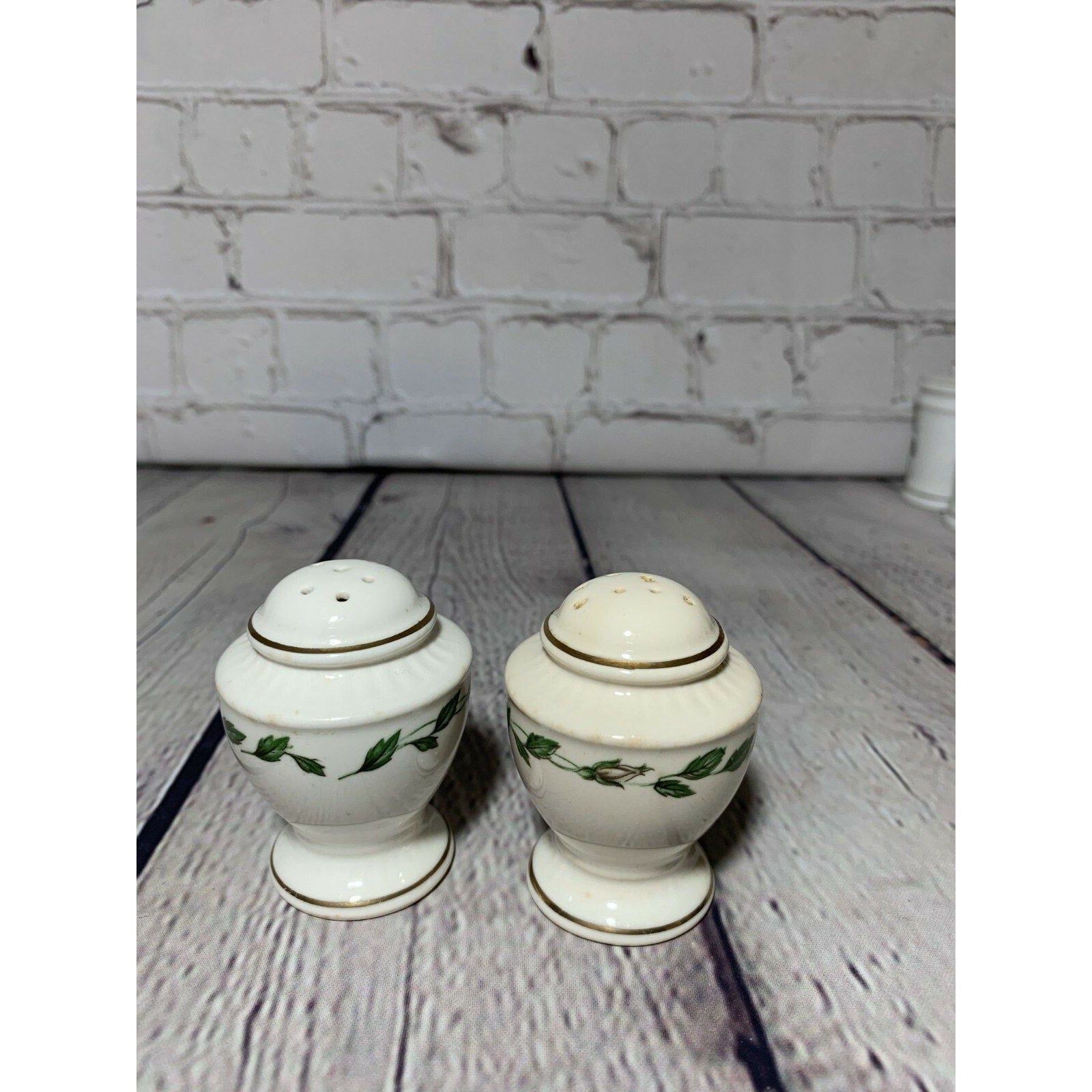 Vintage MCM White Rose Vines Handpainted Fine Porcelain Salt & Pepper Shakers
