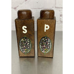 Vintage MCM Wood Salt & Pepper Shakers w/Stained Glass Style Emblem