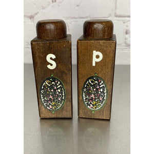 Vintage MCM Wood Salt & Pepper Shakers w/Stained Glass Style Emblem
