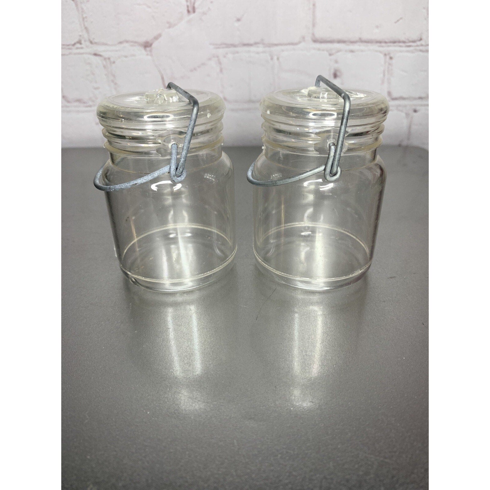Vintage Wire Bale Clear Plastic Canister Salt & Pepper Shakers Hong Kong