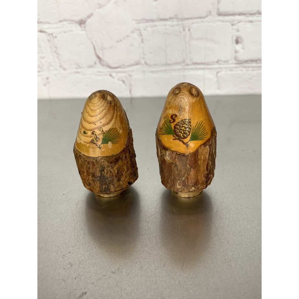 Vintage Bark Wood Salt & Pepper Shakers Pine Cone Rustic