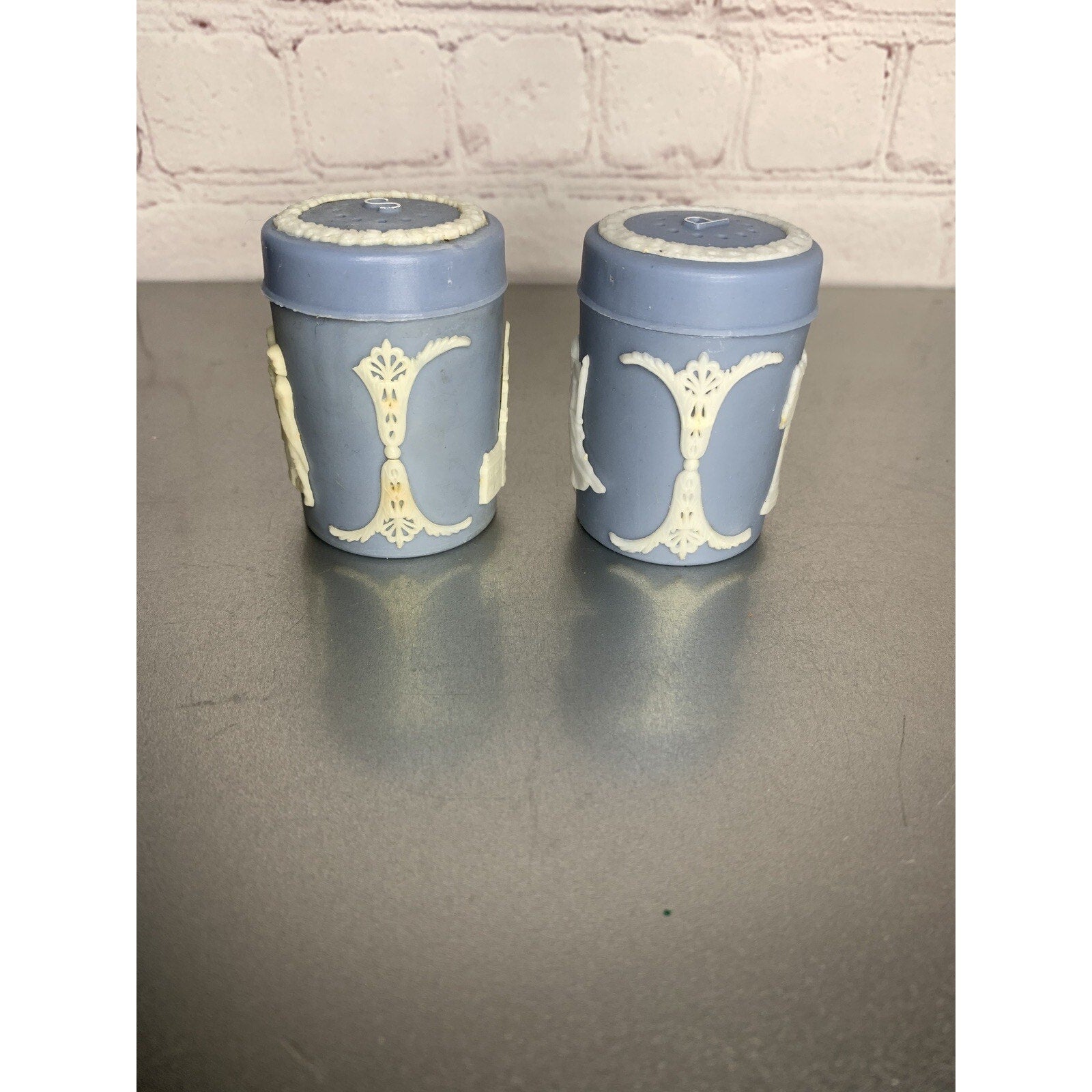 Vintage Salt & Pepper Shakers Hong Kong Blue w/White Colonial Scenes