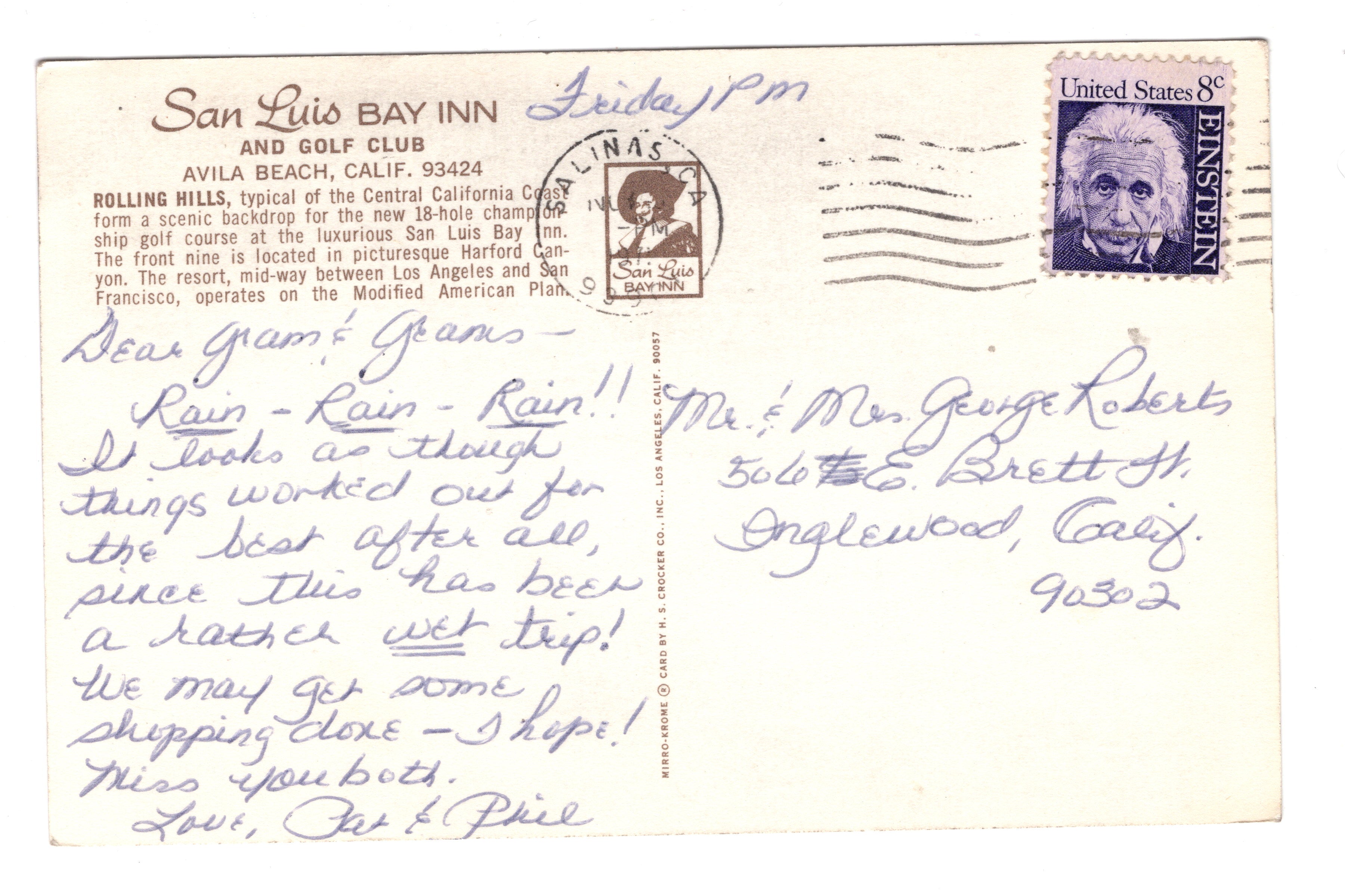 San Luis Bay Inn, Golf Club, Avila Beach, California, Vintage Post Card.