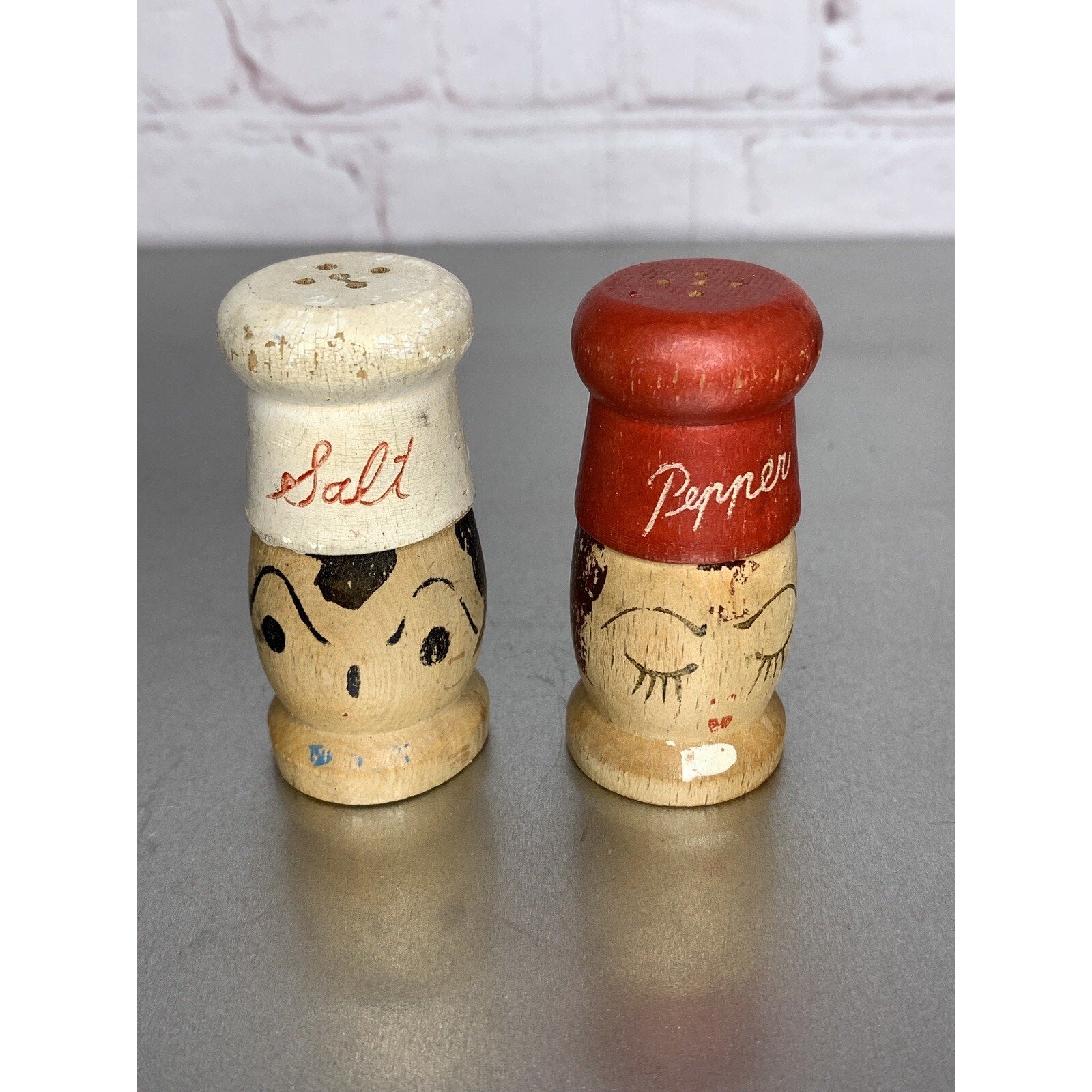 Vintage Wood Him/Her Mr. Mrs. Chef Salt & Pepper Shakers Miniatures 2 1/2”h