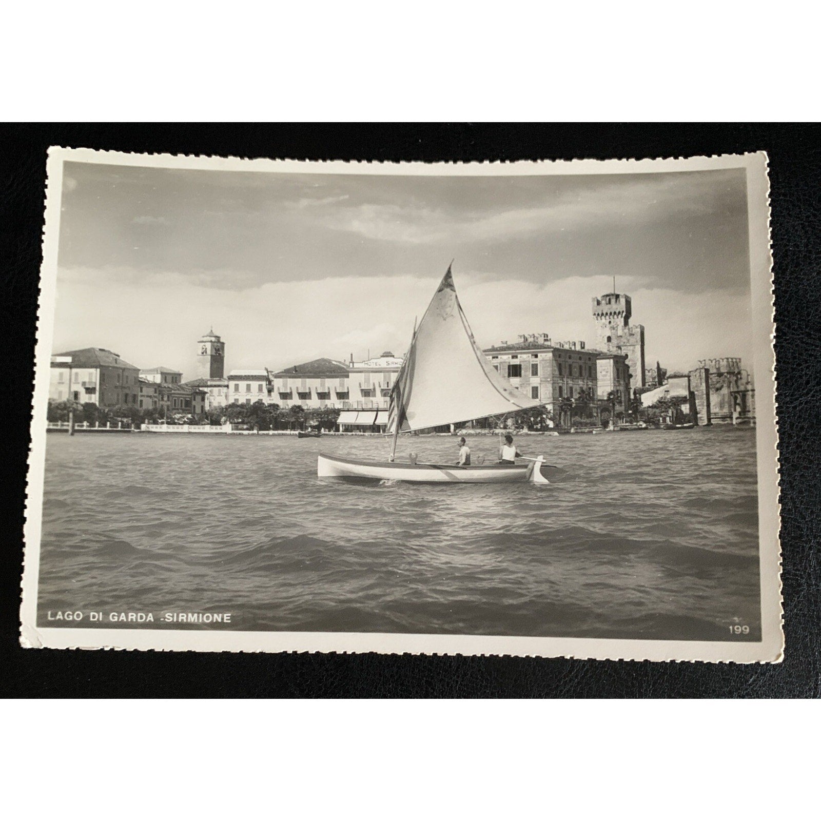 Lake Gardi Sirmione People in Sail Boat Italy RPPC Vintage Postcard