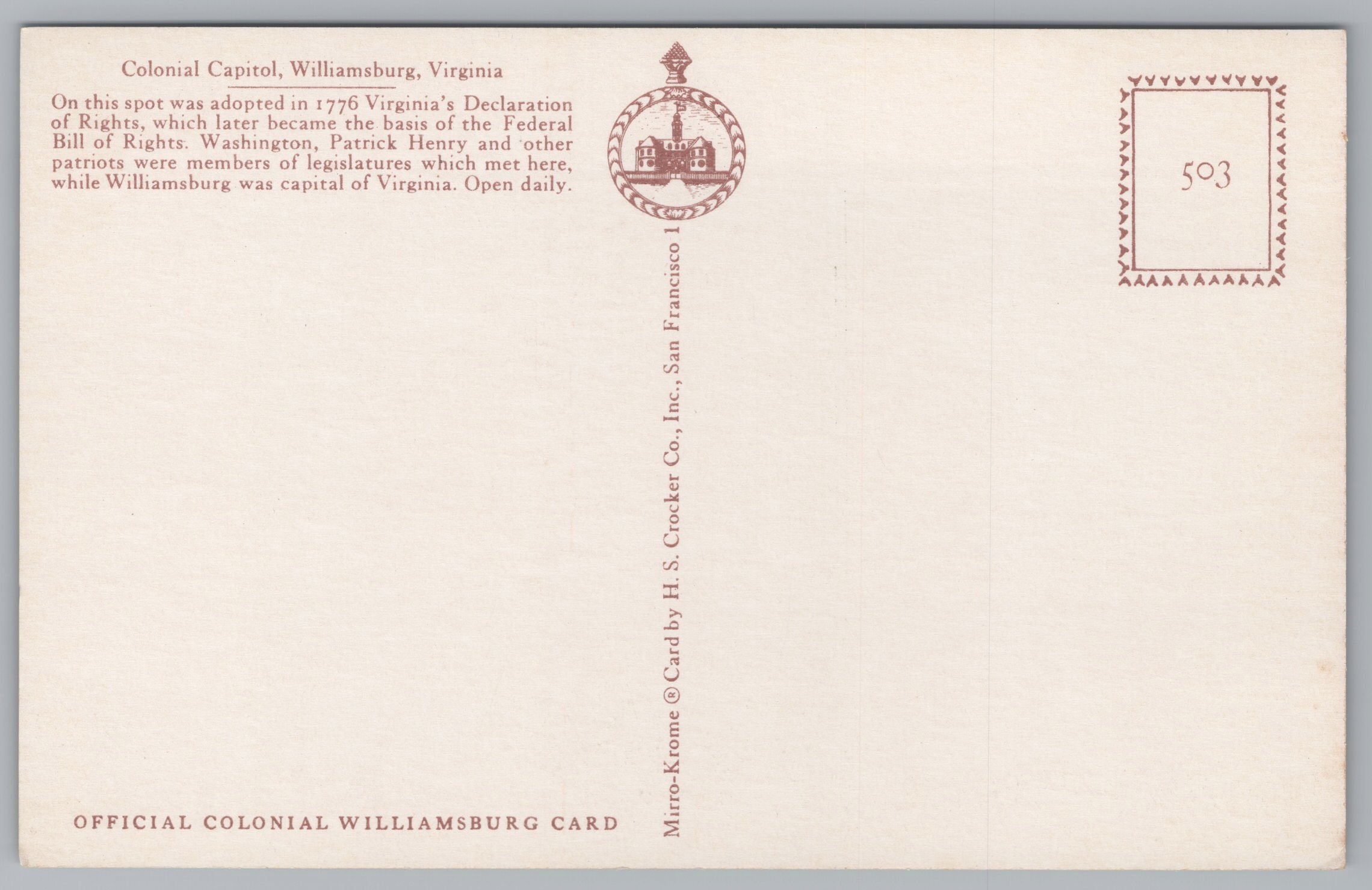 Colonial Capitol, Williamsburg, Virginia, USA, Vintage Post Card.