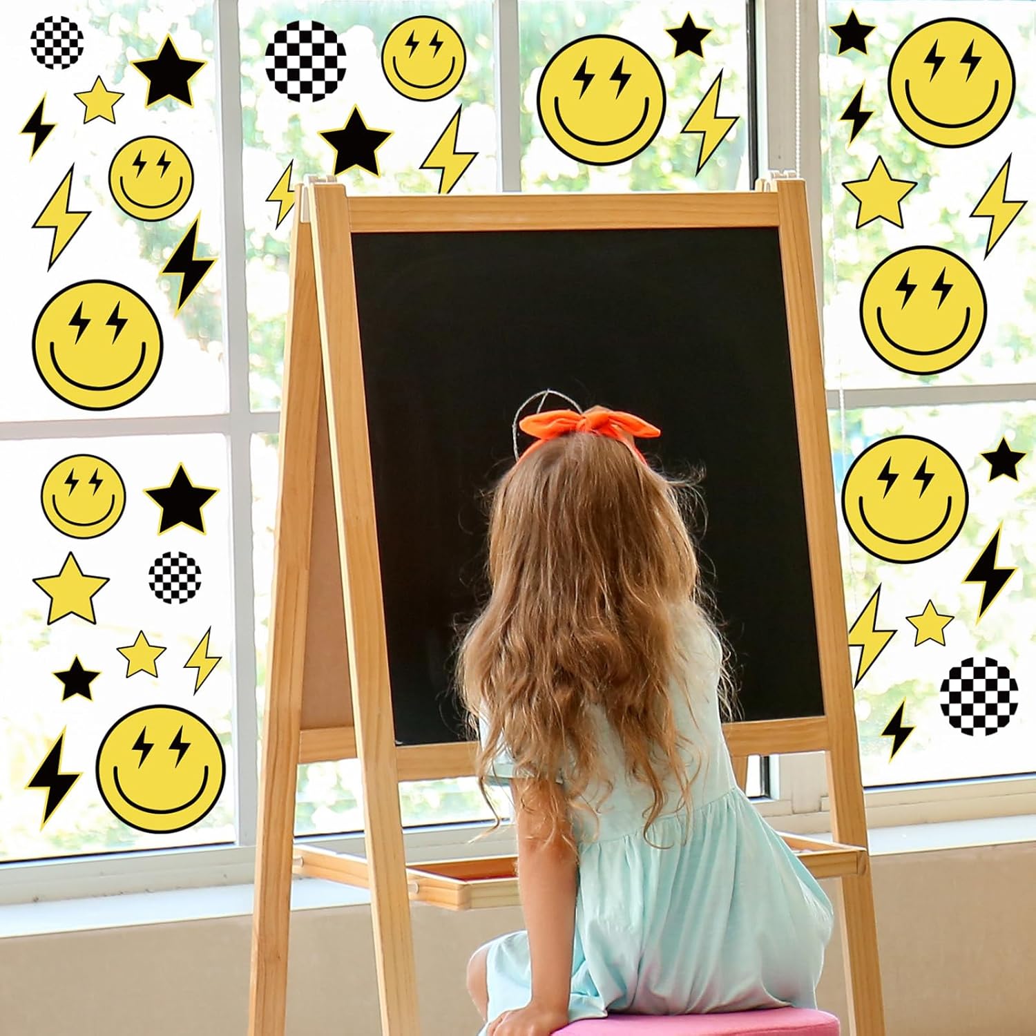 Smile Face Window Clings Black Yellow Lightning Star Checkered Dot Window Stickers Double-Side Glass Decals