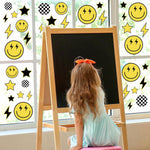 Smile Face Window Clings Black Yellow Lightning Star Checkered Dot Window Stickers Double-Side Glass Decals