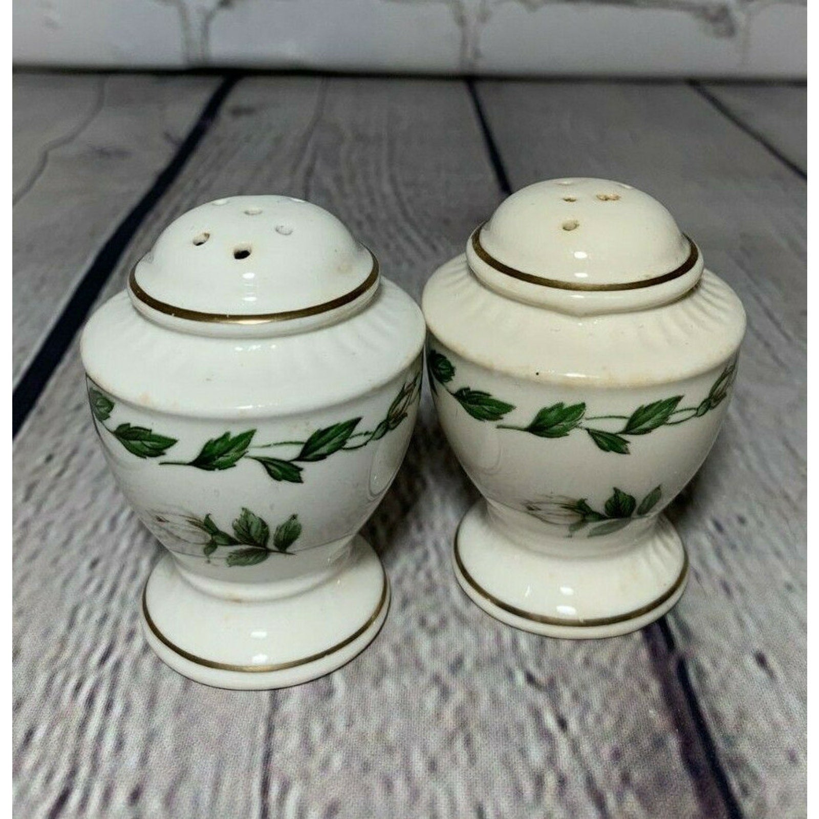 Vintage MCM White Rose Vines Handpainted Fine Porcelain Salt & Pepper Shakers