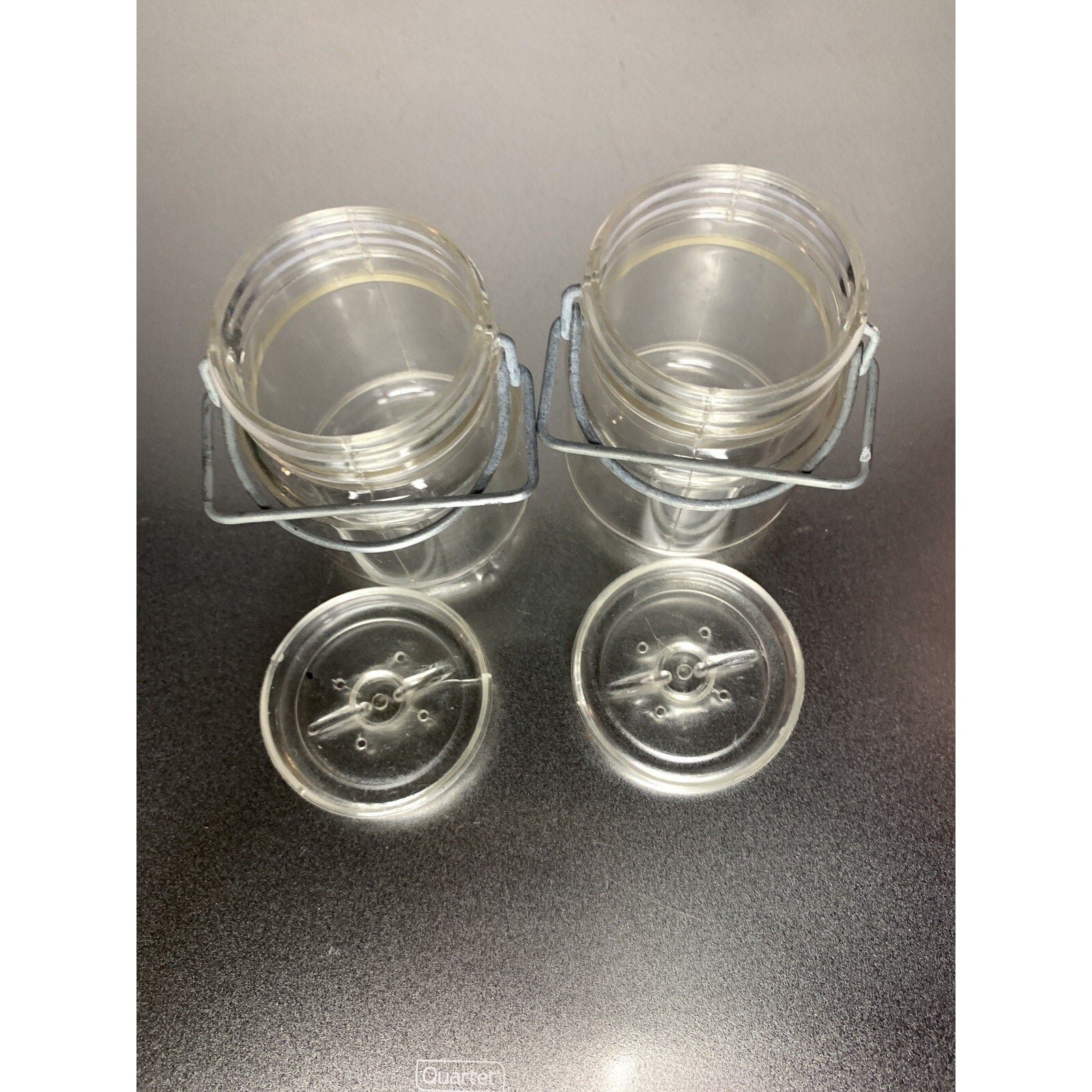 Vintage Wire Bale Clear Plastic Canister Salt & Pepper Shakers Hong Kong
