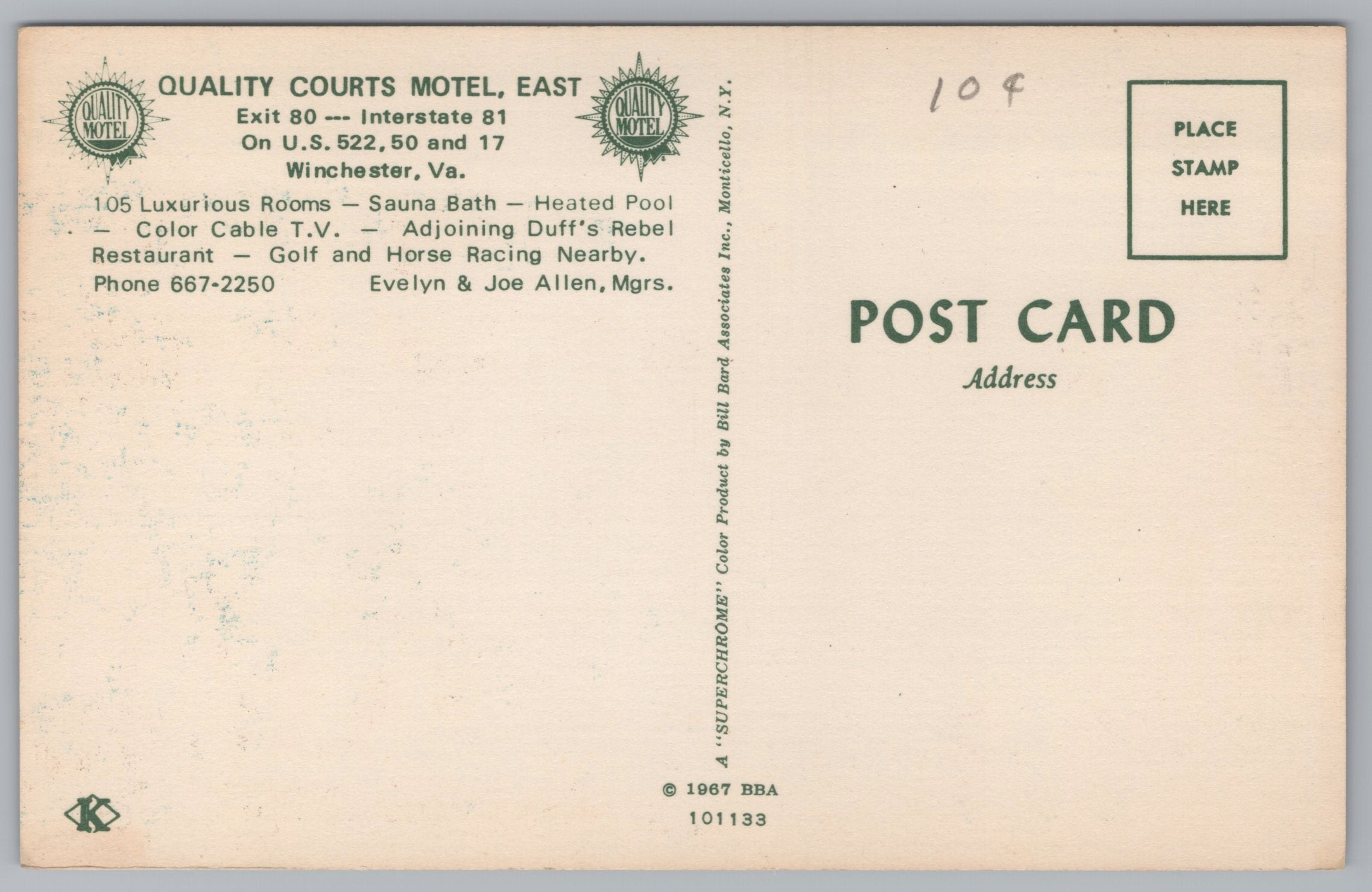 Quality Courts Motel, Exit 80, Interstate 81, US 522, Winchester, Virginia, Vtg PC