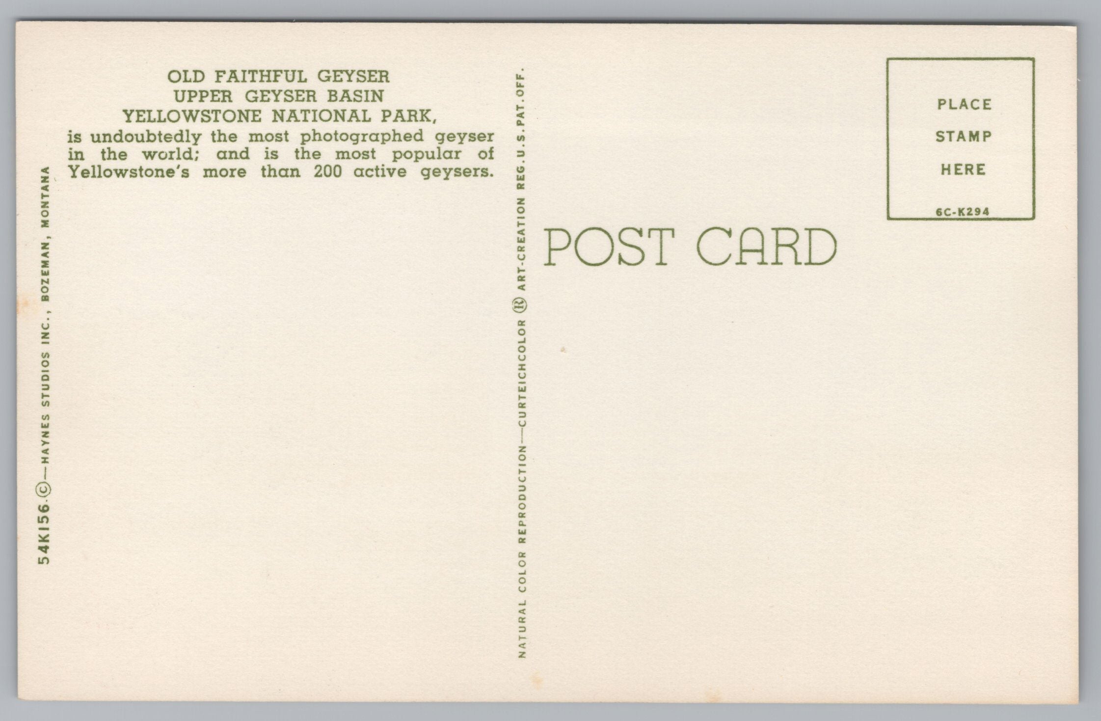 Old Faithful Geyser, Upper Geyser Basin, Yellowstone, Vintage Post Card.