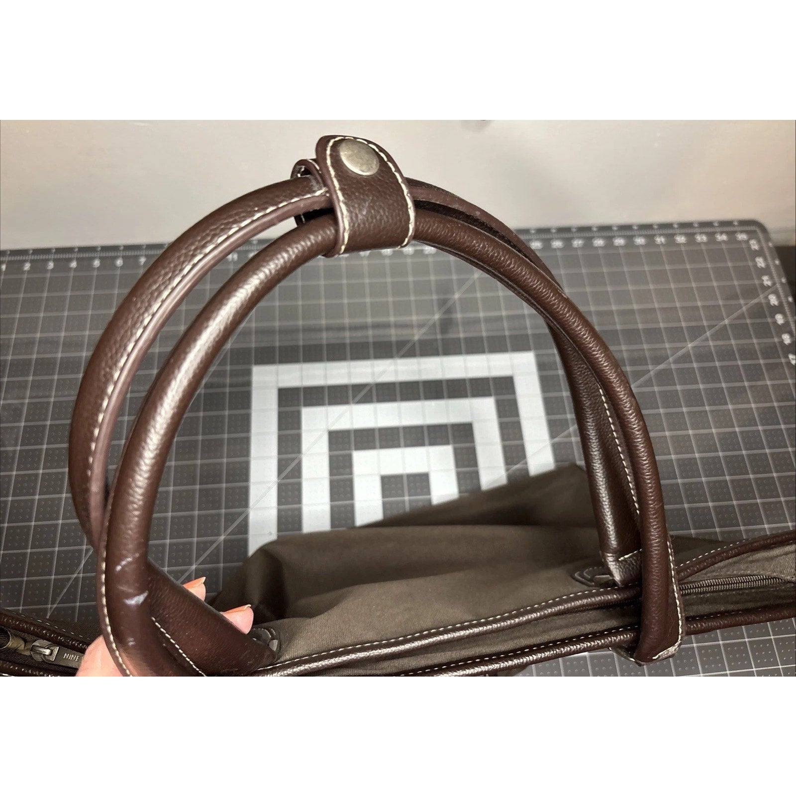 Vintage Nine West Canvas Brown/Beige Handbag Tote Bag Top Zipper
