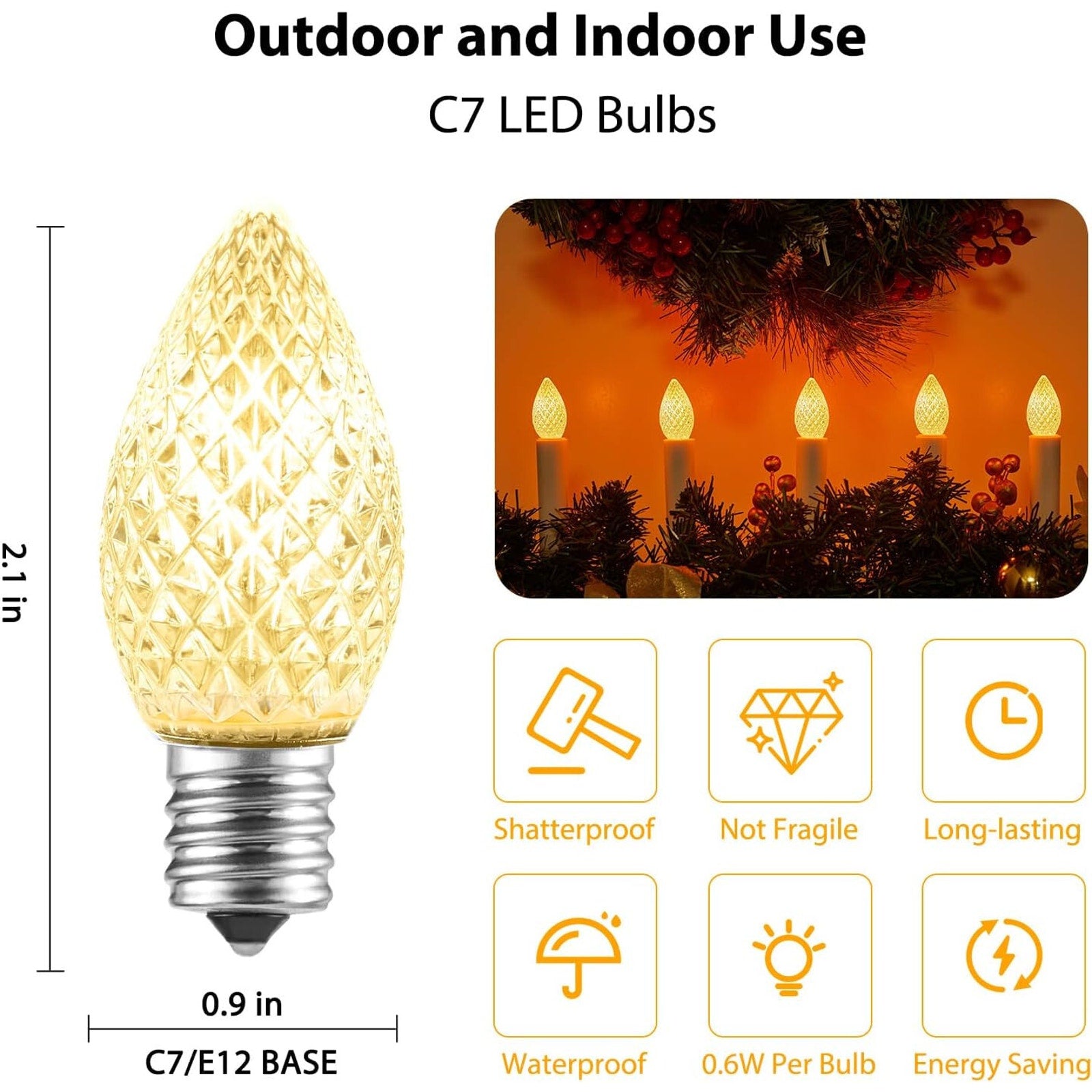 25 Pk C7 LED Replacement Holiday Light Bulbs Dimmable, E12 Base Sockets, W White