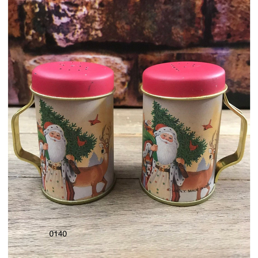 Vintage Christmas Santa Tin with Handles Salt & Pepper Shakers 1970's