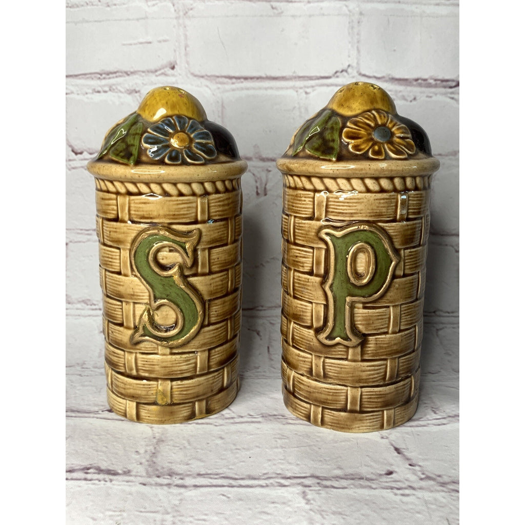 Vintage Pottery Stovetop Salt & Pepper Shakers Basket Weave Fruit 1974