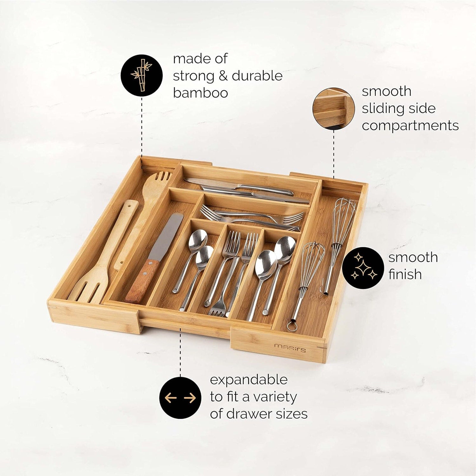Expandable Bamboo Kitchen Drawer Organizer - Adjusts to Fit, Durable Bamboo