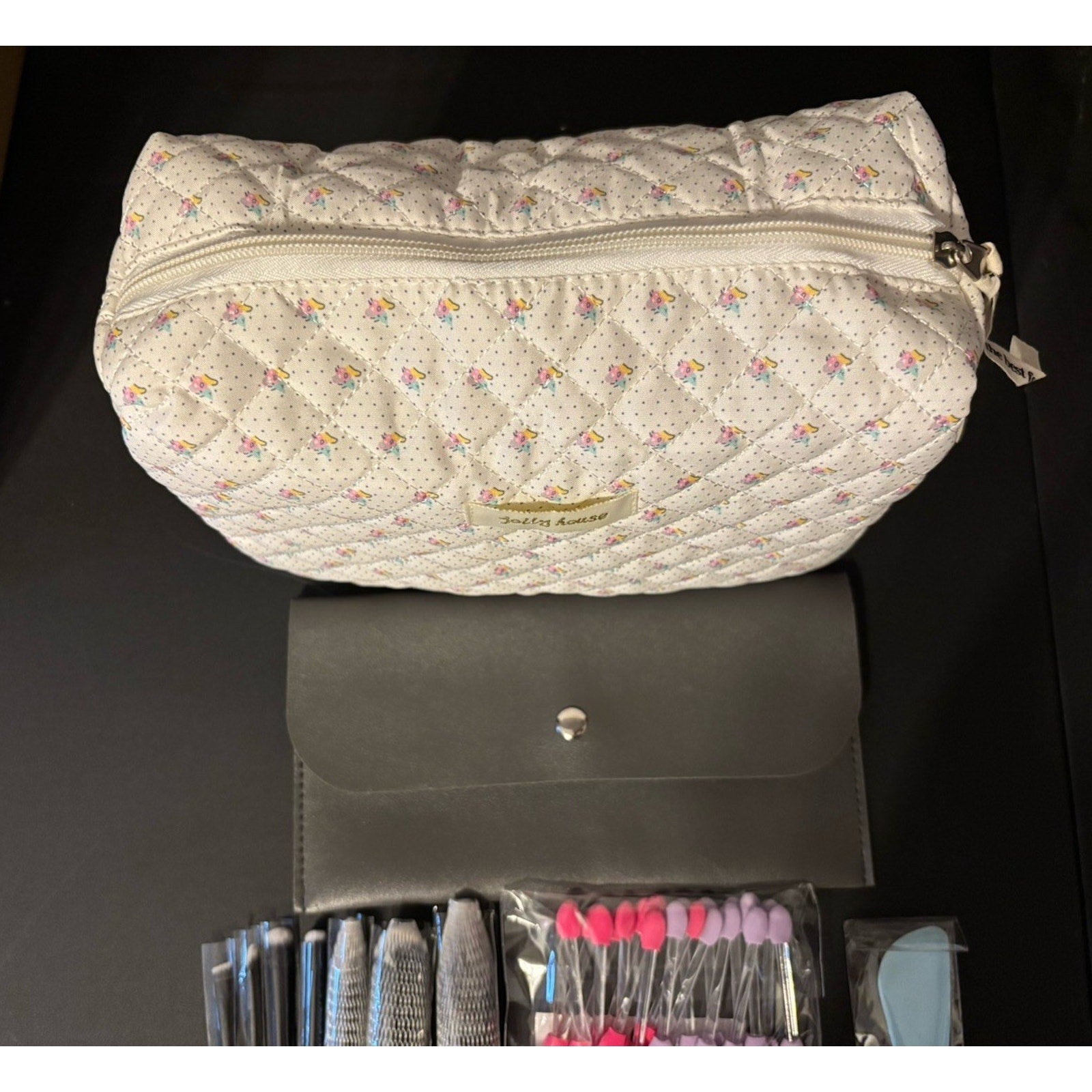 Quilted Floral Makeup Cosmetic Bag & 7-pc Premium Synthetic Makeup Brush Set Lot