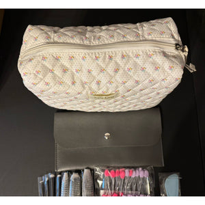 Quilted Floral Makeup Cosmetic Bag & 7-pc Premium Synthetic Makeup Brush Set Lot