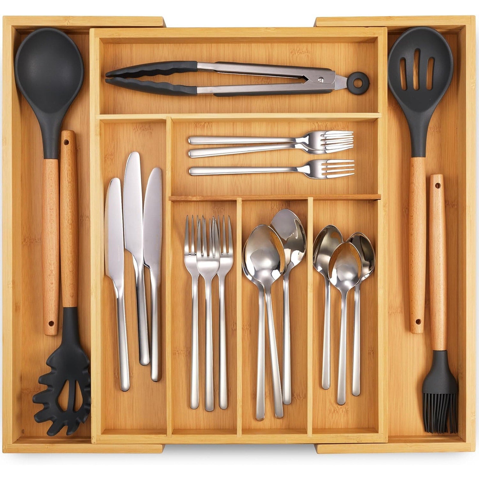 Expandable Bamboo Kitchen Drawer Organizer - Adjusts to Fit, Durable Bamboo