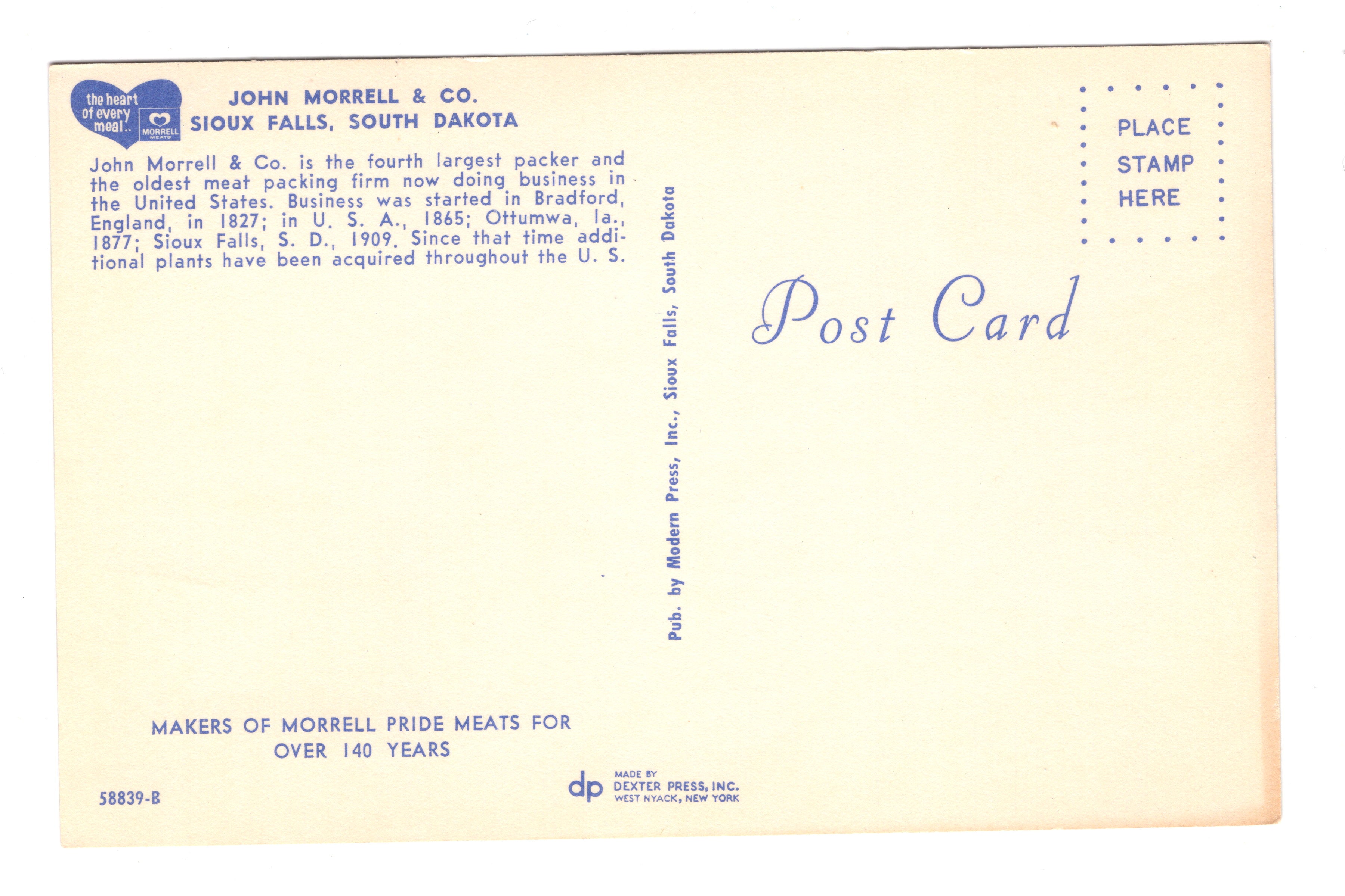 John Morrell and CO, Sioux Falls, South Dakota, Vintage Post Card