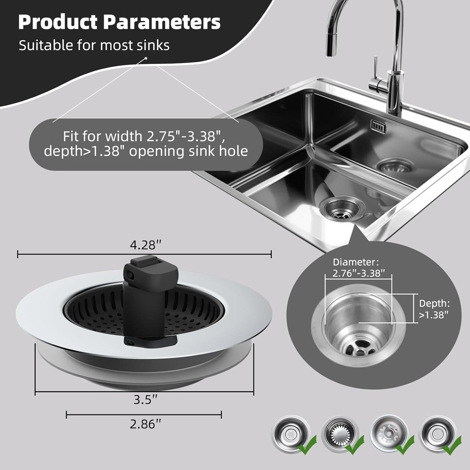 Universal 3 in 1 Kitchen Sink Drain Strainer with Sink Stopper, Chrome Stainless
