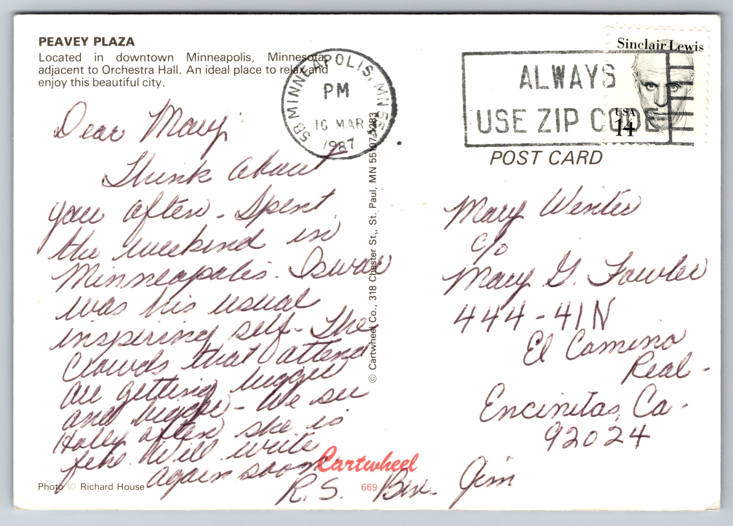 Peavey Plaza, Night View Minneapolis, Vintage Post Card