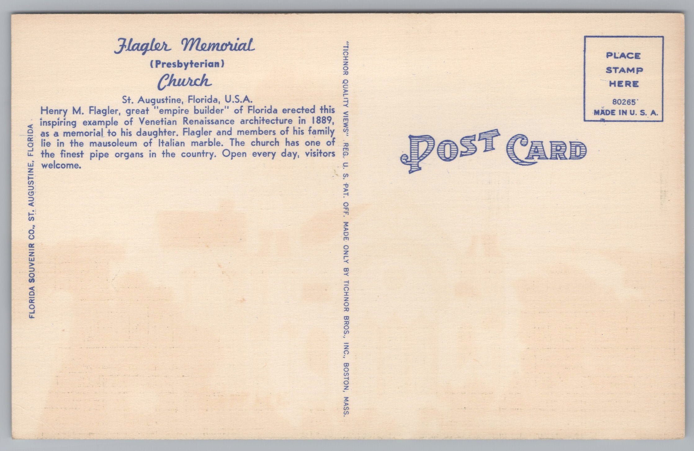 Flaggers Memorial, Presbyterian Church, Vintage Post Card.