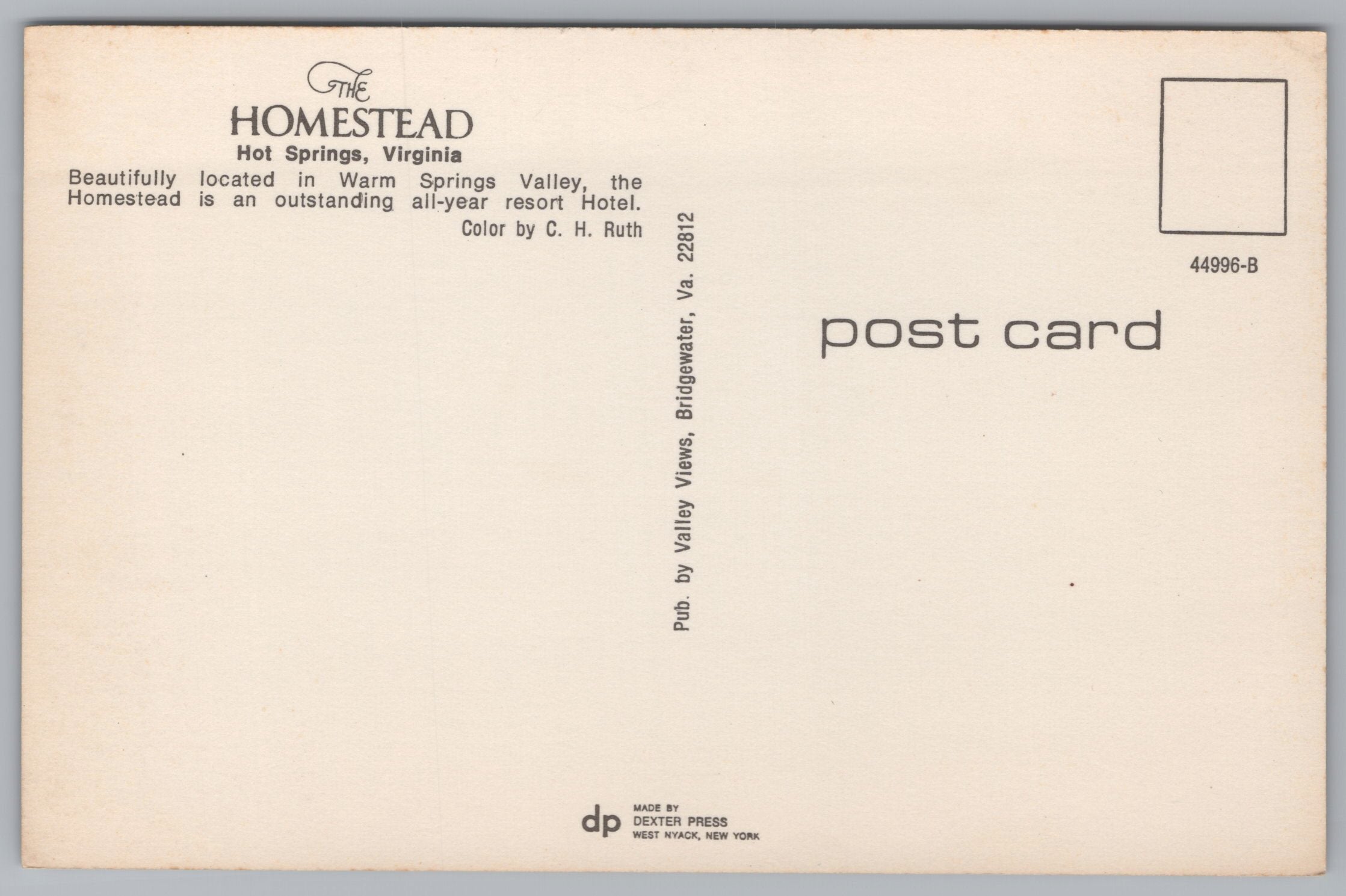 The Homestead, Hot Springs, Virginia, Vintage Post Card.