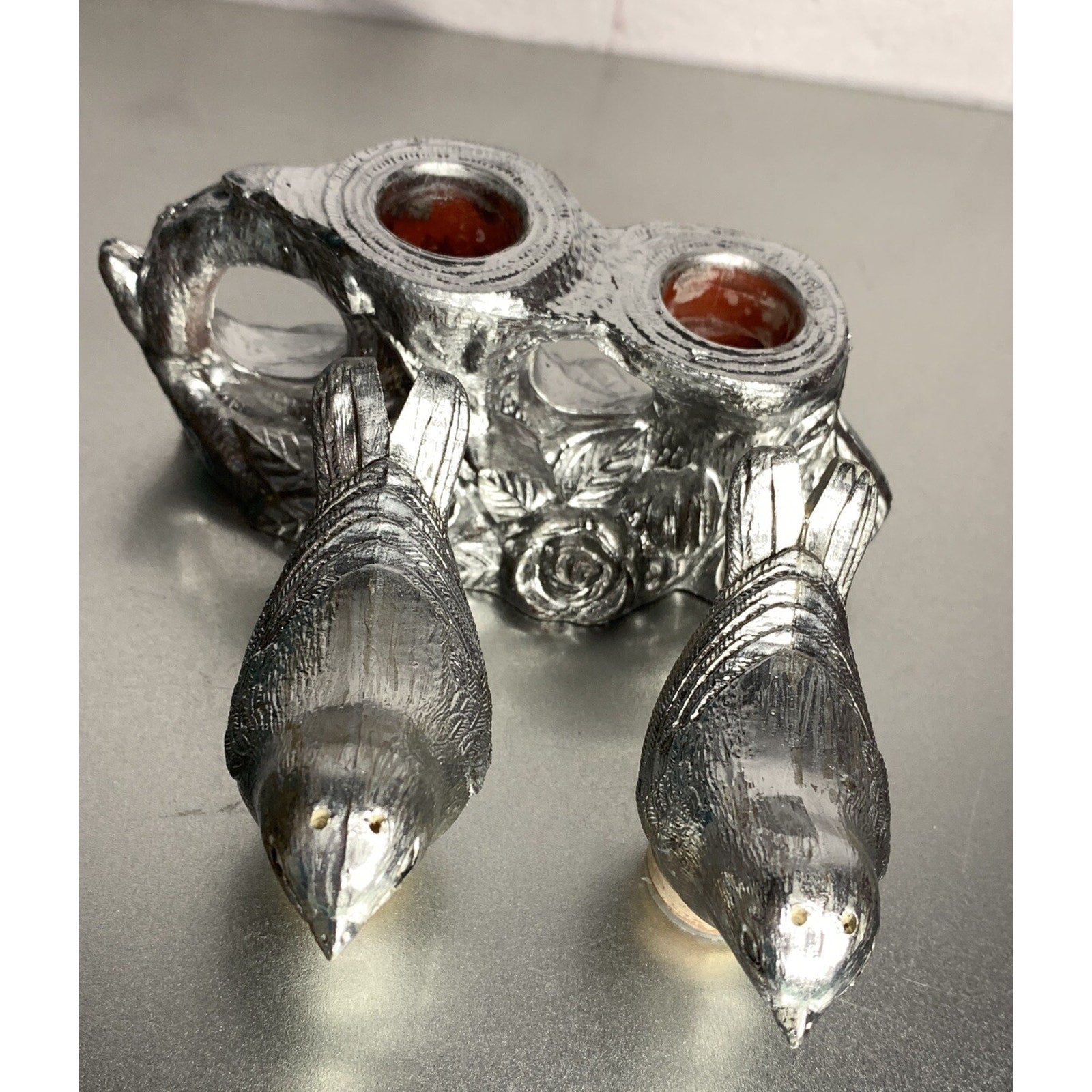 Vintage Silver Plastic Bird Salt & Pepper Shakers Tree Branch Caddy