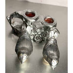 Vintage Silver Plastic Bird Salt & Pepper Shakers Tree Branch Caddy