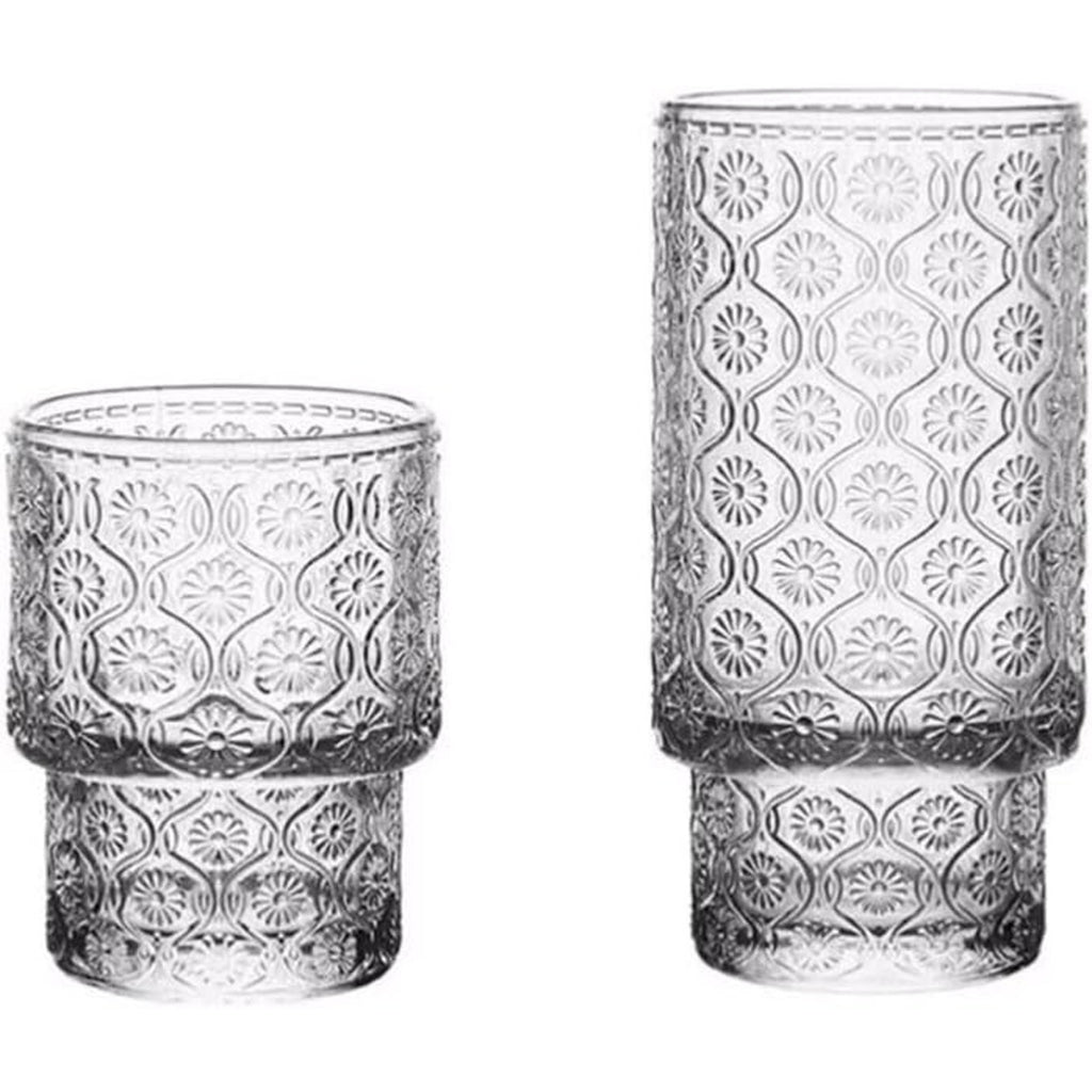 Retro Embossed Glass, Highball, Rock Glasses, Cold Beverages 8 Pack - 2 Sizes