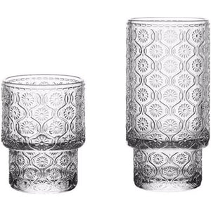 Retro Embossed Glass, Highball, Rock Glasses, Cold Beverages 8 Pack - 2 Sizes