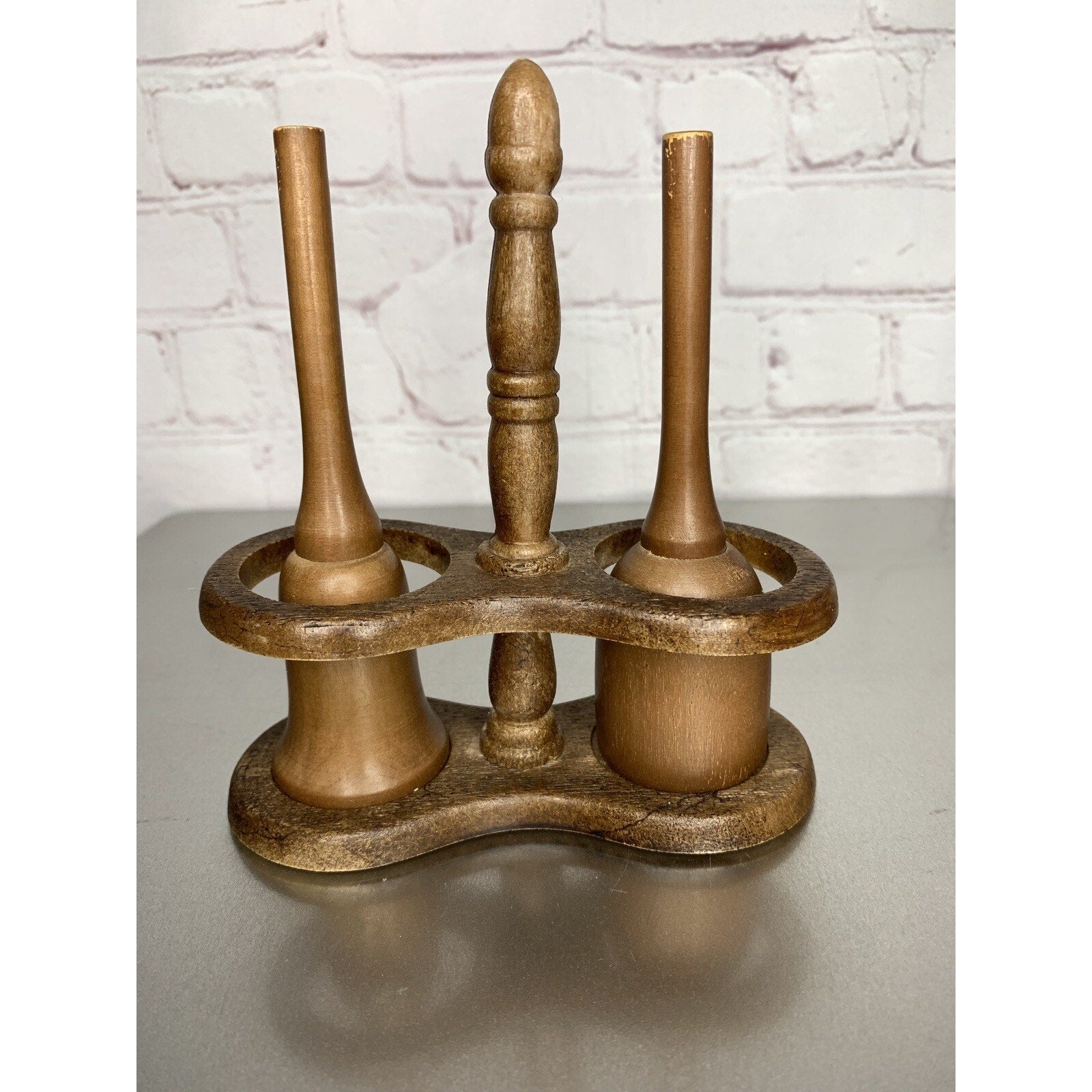 Vintage Wood Bells Salt & Pepper Shakers w/Stand