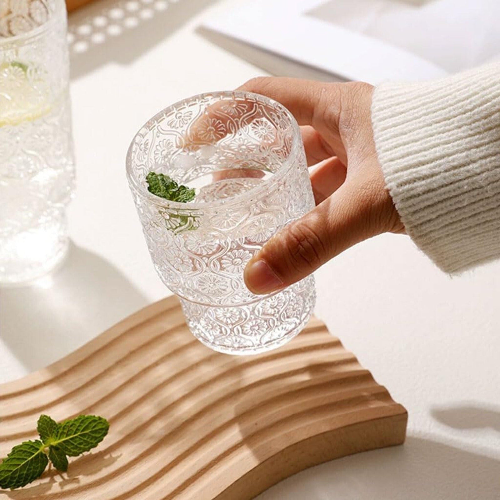 Retro Embossed Glass, Highball, Rock Glasses, Cold Beverages 8 Pack - 2 Sizes