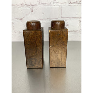 Vintage MCM Wood Salt & Pepper Shakers w/Stained Glass Style Emblem