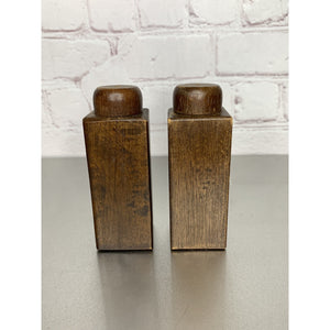 Vintage MCM Wood Salt & Pepper Shakers w/Stained Glass Style Emblem
