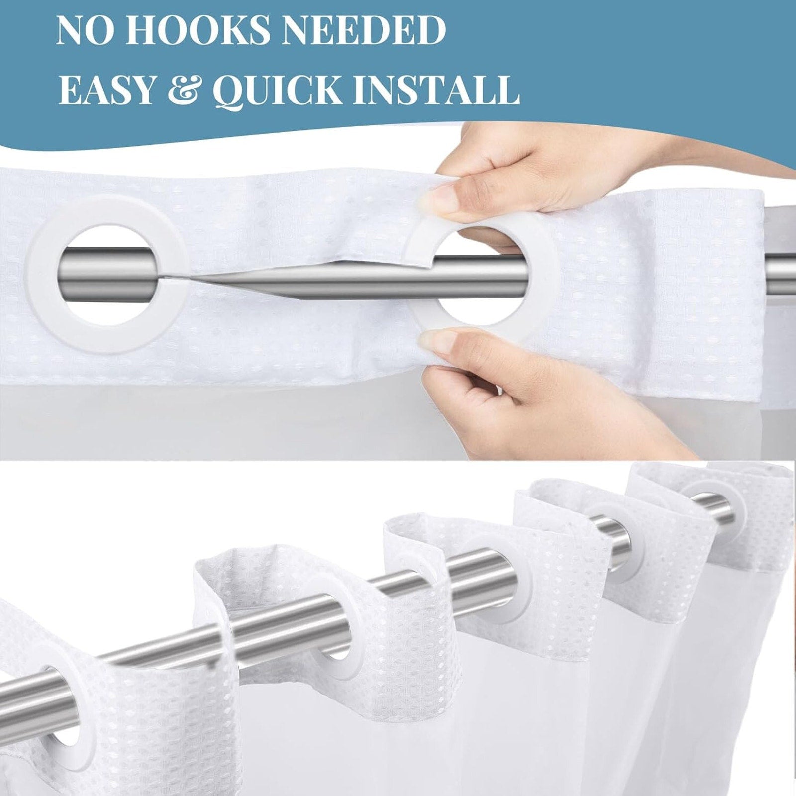 No Hook Waffle Weave Shower Curtain w/Snap in Liner 71" x 74" Hotel Grade White