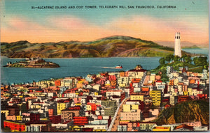 Alcatraz Island And Coit Tower, Telegraph Hill, San Fransisco, California, USA, Vintage Post Card