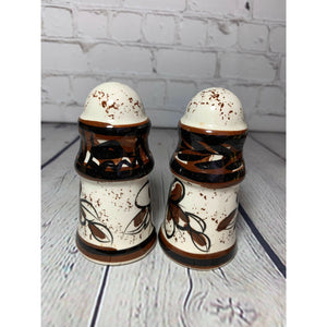 Vintage MCM Brown on White Pattern Ceramic Glazed Salt & Pepper Shakers