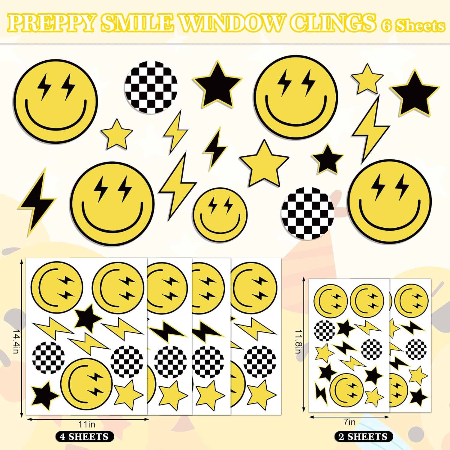 Smile Face Window Clings Black Yellow Lightning Star Checkered Dot Window Stickers Double-Side Glass Decals