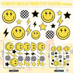 Smile Face Window Clings Black Yellow Lightning Star Checkered Dot Window Stickers Double-Side Glass Decals